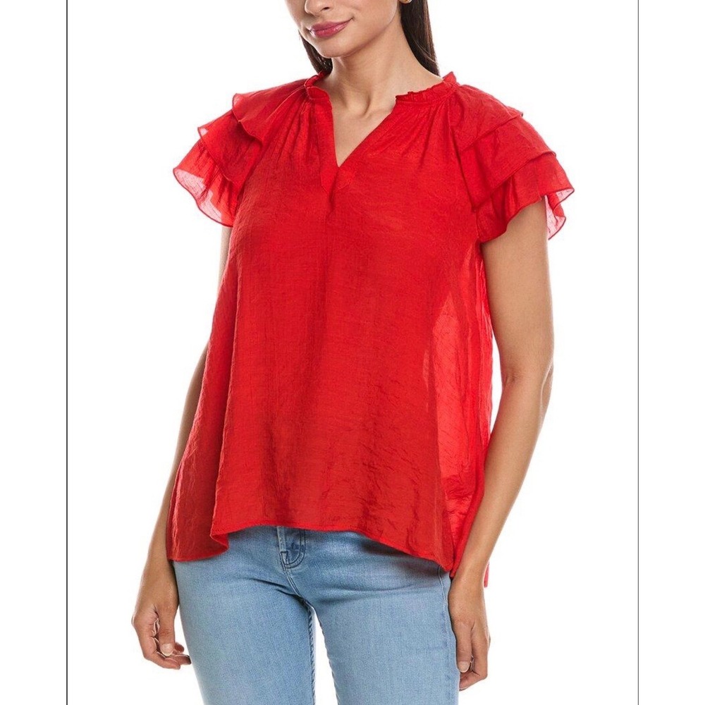 Nanette Nanette Lepore Red Flutter Sleeve Ruffle Neck Blouse XL‎